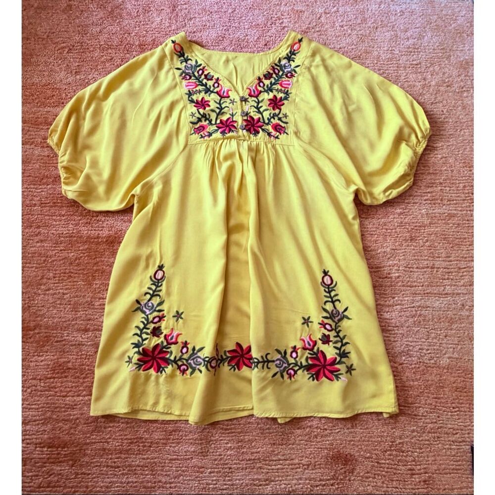 Yellow Embroidered Boho Tunic Mini Dress Floral Loose Fit M